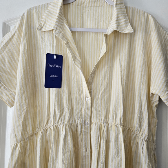 White And Yellow Stripe Button-Front Dress With Pockets - Picture 5 of 7